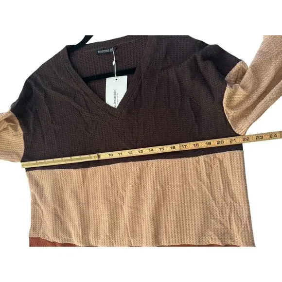 NWT Bloomchic 12 Waffle Vneck Colorblock Brown Rust Beige Long Sleeve Top #3620 - Picture 10 of 11